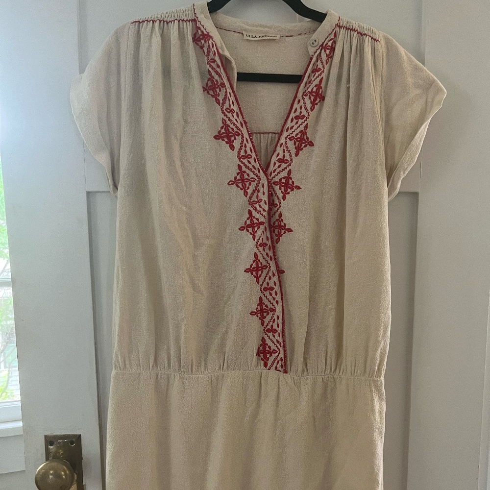 Ulla Johnson Raw Silk Shift Dress - embroidered creme boho v-neck Sz M Handmade
